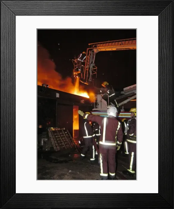 Framed Print : Hydraulic platform at work on fire at commercial premises Framed Print : Hydraulic platform at work on fire at commercial premises