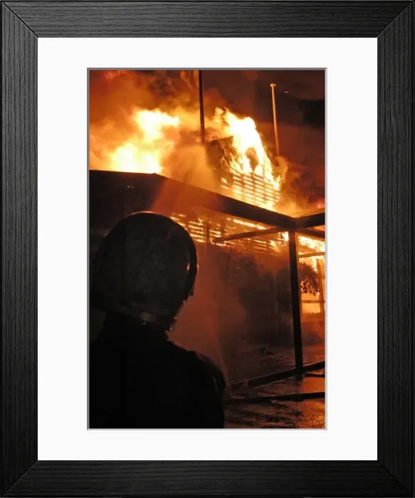 Framed Print : Firefighters working at scene of fire in Carshalton, Surrey Framed Print : Firefighters working at scene of fire in Carshalton, Surrey