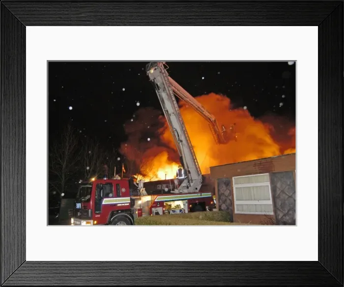 Framed Print : Hydraulic platform at work on fire at commercial premises Framed Print : Hydraulic platform at work on fire at commercial premises