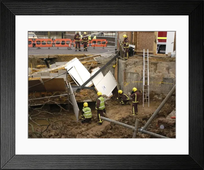 Framed Print : Firefighters attend collapse at building site Framed Print : Firefighters attend collapse at building site
