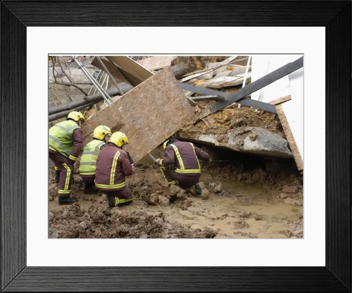 Framed Print : Firefighters attend collapse at building site Framed Print : Firefighters attend collapse at building site
