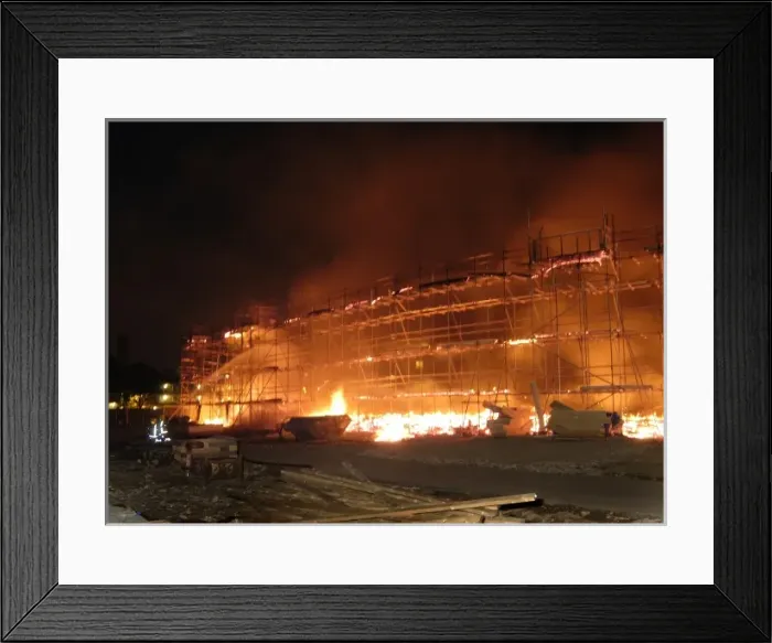 Framed Print : Firefighters working at fire on building site Framed Print : Firefighters working at fire on building site