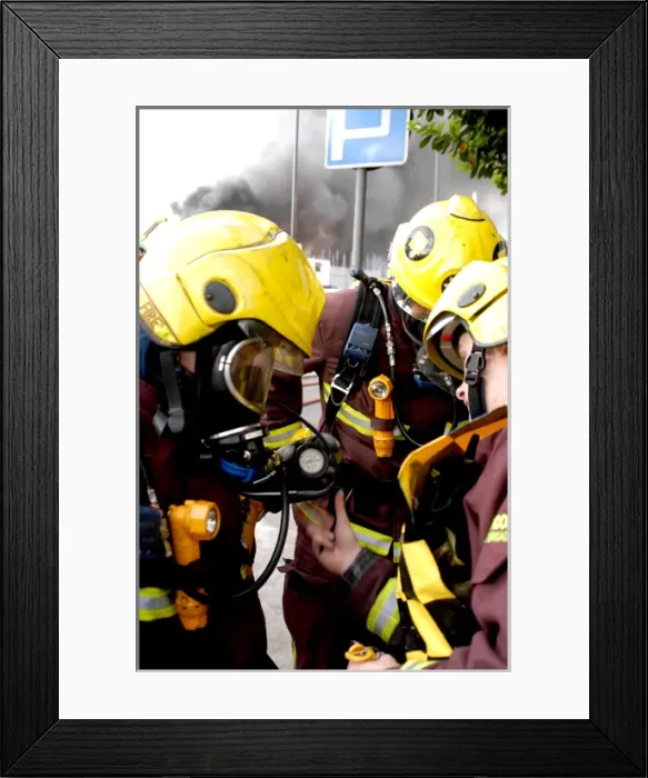 Framed Print : London Fire Brigade firefighters respond to a fire Framed Print : London Fire Brigade firefighters respond to a fire