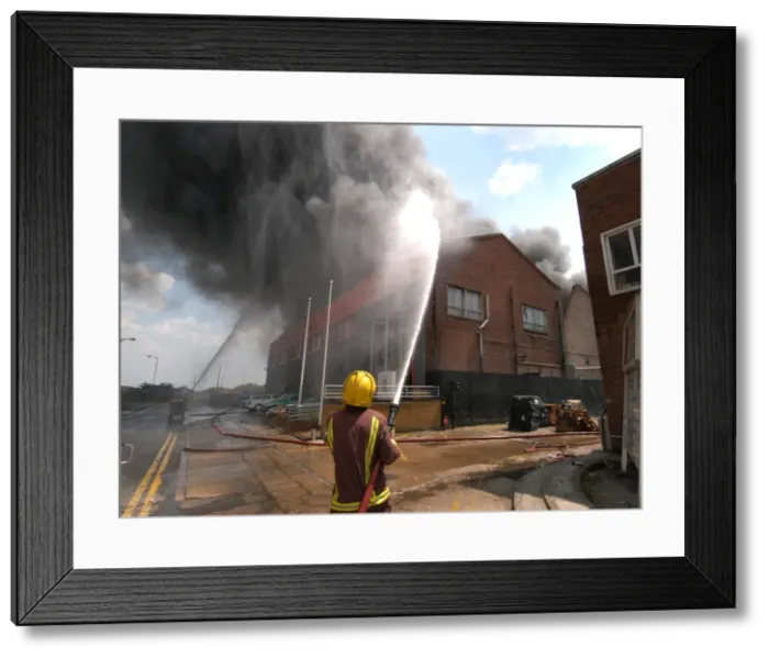 Framed Print : Firefighters in action at a fire, VDC House, Wembley Framed Print : Firefighters in action at a fire, VDC House, Wembley