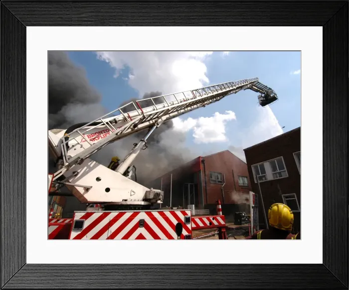 Framed Print : Firefighters in action at a fire, VDC House, Wembley Framed Print : Firefighters in action at a fire, VDC House, Wembley