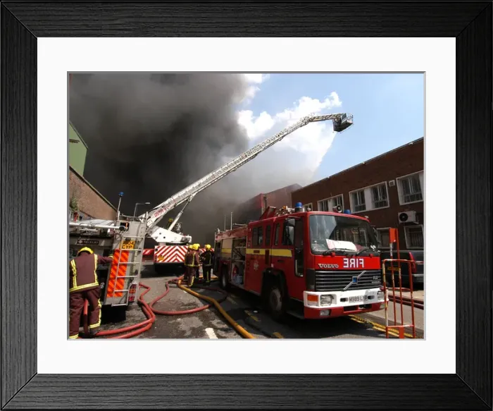 Framed Print : Firefighters in action at a fire, VDC House, Wembley Framed Print : Firefighters in action at a fire, VDC House, Wembley