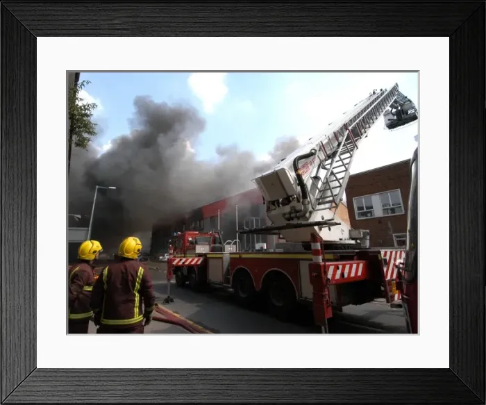 Framed Print : Firefighters in action at a fire, VDC House, Wembley Framed Print : Firefighters in action at a fire, VDC House, Wembley