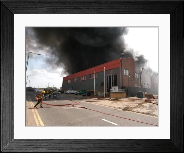 Framed Print : Firefighters in action at a fire, VDC House, Wembley Framed Print : Firefighters in action at a fire, VDC House, Wembley