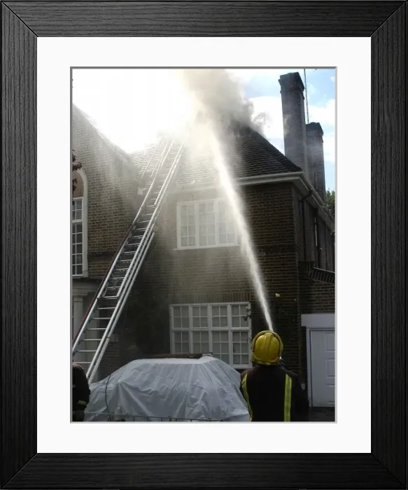 Framed Print : Firefighters respond to a house fire, North London Framed Print : Firefighters respond to a house fire, North London