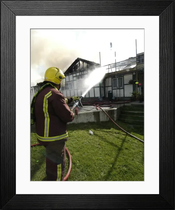 Framed Print : Firefighters respond to a building fire, West London Framed Print : Firefighters respond to a building fire, West London