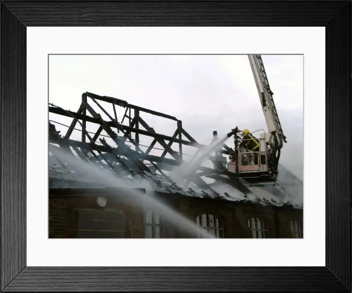Framed Print : Hydraulic lift in action at a fire, London Framed Print : Hydraulic lift in action at a fire, London