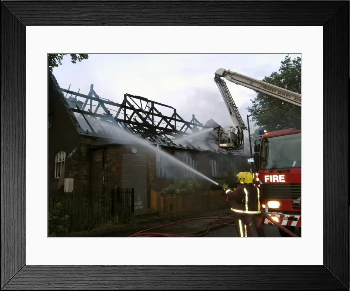 Framed Print : Hydraulic lift in action at a fire Framed Print : Hydraulic lift in action at a fire