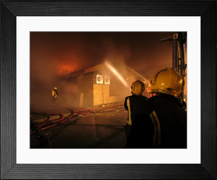 Framed Print : Firefighters at scene of fire, Langley Park School Framed Print : Firefighters at scene of fire, Langley Park School