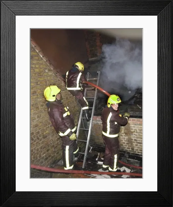 Framed Print : Firefighters at the scene of a school fire, SE London Framed Print : Firefighters at the scene of a school fire, SE London