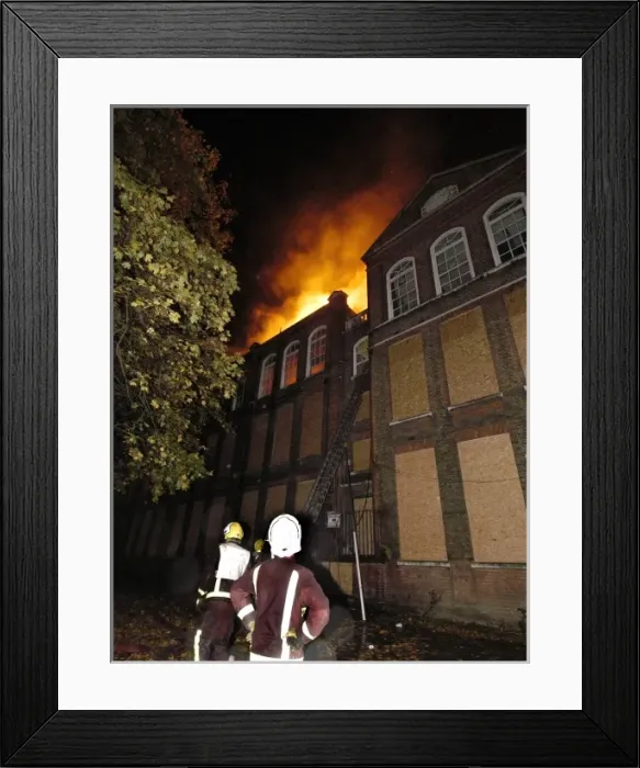 Framed Print : Firefighters at the scene of a school fire, SE London Framed Print : Firefighters at the scene of a school fire, SE London