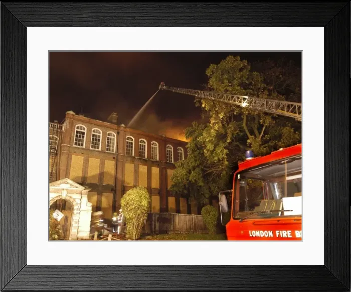 Framed Print : Firefighters at the scene of a school fire, SE London Framed Print : Firefighters at the scene of a school fire, SE London