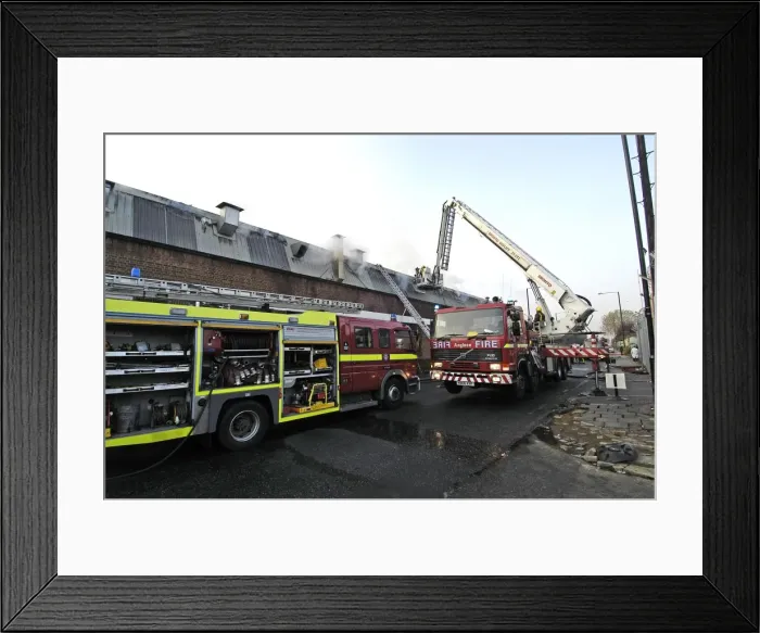Framed Print : Firefighters in a hydraulic lift at a fire on West Road Framed Print : Firefighters in a hydraulic lift at a fire on West Road