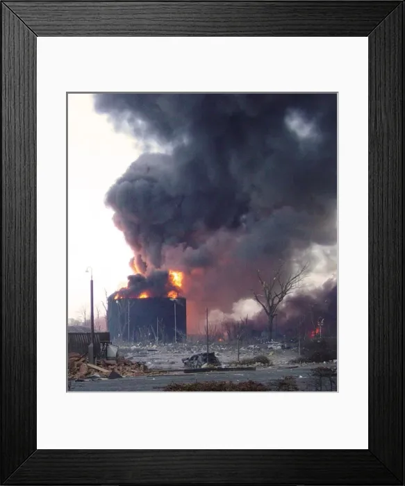 Framed Print : Oil refinery fire. Buncefield Terminal, Hertfordshire Framed Print : Oil refinery fire. Buncefield Terminal, Hertfordshire
