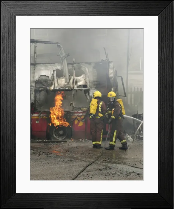 Framed Print : Firefighters attend fire at bus garage Framed Print : Firefighters attend fire at bus garage
