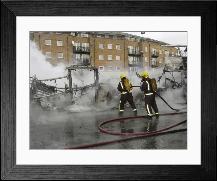 Framed Print : Firefighters attend fire at bus garage Framed Print : Firefighters attend fire at bus garage