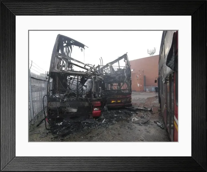 Framed Print : Firefighters attend fire at bus garage Framed Print : Firefighters attend fire at bus garage