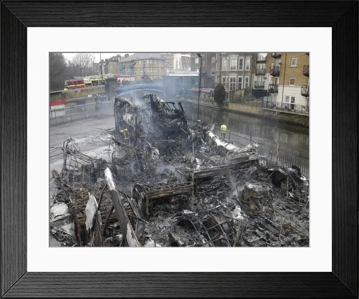 Framed Print : Firefighters attend fire at bus garage Framed Print : Firefighters attend fire at bus garage