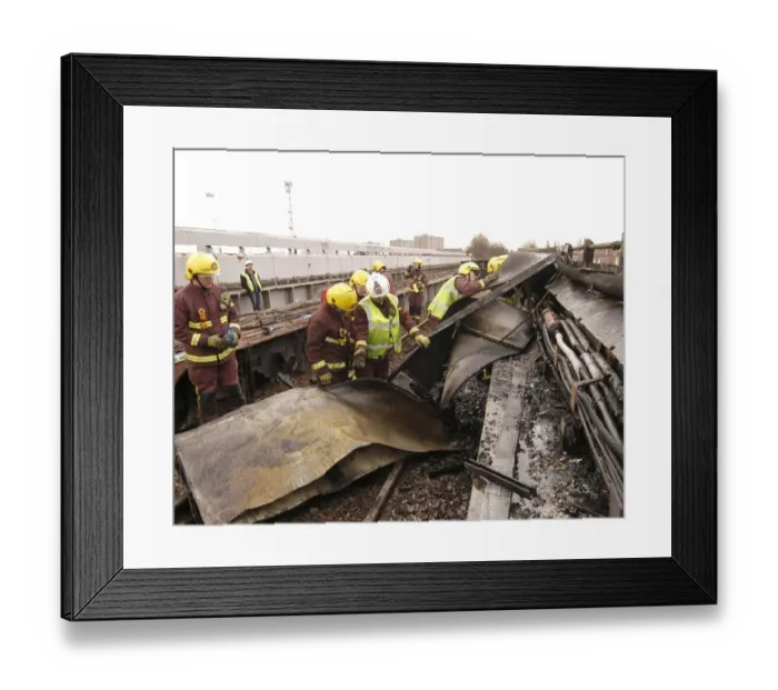 Framed Print : Firefighters at scene of railway fire, West London Framed Print : Firefighters at scene of railway fire, West London
