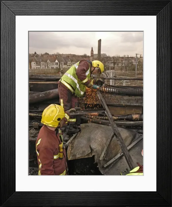 Framed Print : Firefighters using cutting equipment, West London Framed Print : Firefighters using cutting equipment, West London