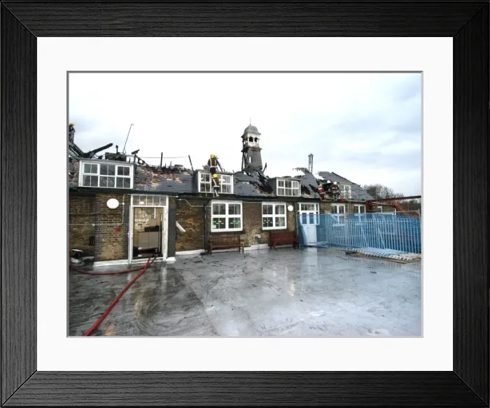 Framed Print : The aftermath of a fire at a school, Bermondsey Framed Print : The aftermath of a fire at a school, Bermondsey