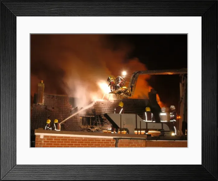 Framed Print : Firefighters working at scene of restaurant fire Framed Print : Firefighters working at scene of restaurant fire