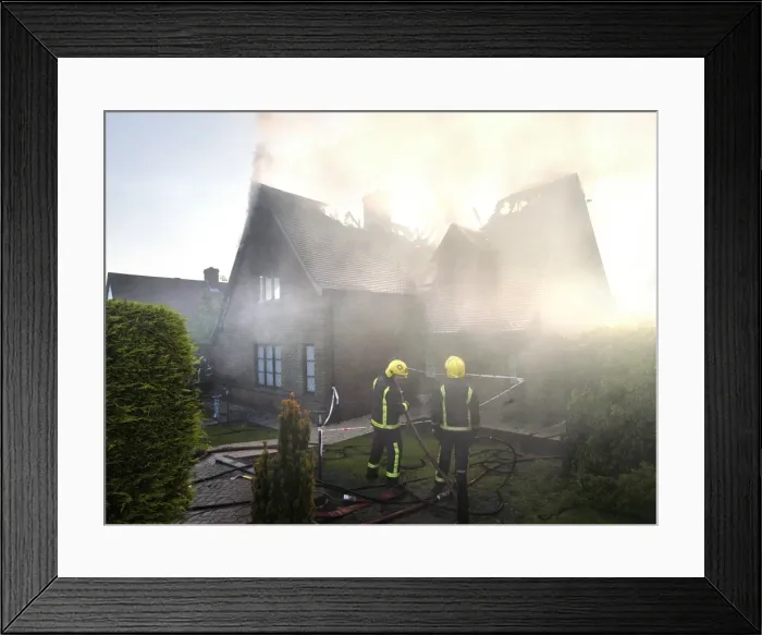 Framed Print : Firefighters working at scene of domestic fire, Harrow Framed Print : Firefighters working at scene of domestic fire, Harrow