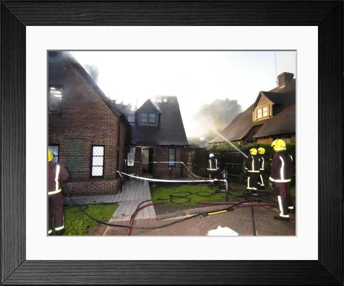 Framed Print : Firefighters working at scene of domestic fire, Harrow Framed Print : Firefighters working at scene of domestic fire, Harrow