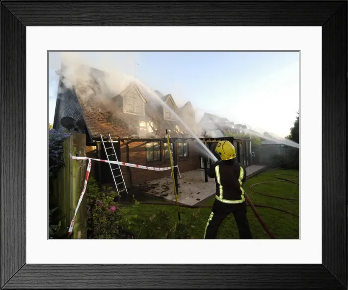 Framed Print : Firefighters working at scene of domestic fire, Harrow Framed Print : Firefighters working at scene of domestic fire, Harrow