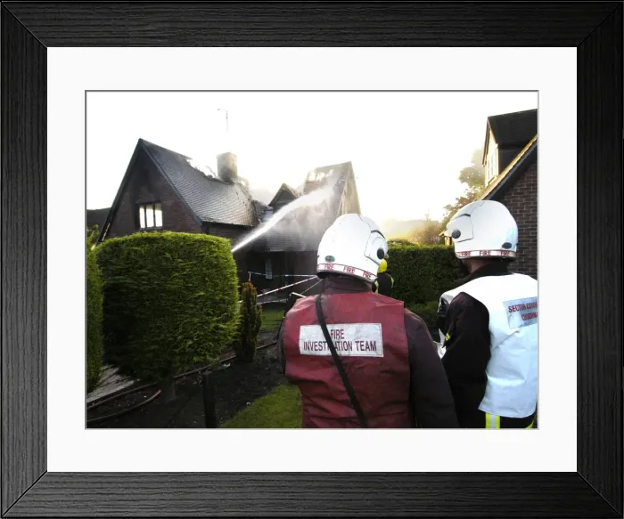 Framed Print : Firefighters working at scene of domestic fire, Harrow Framed Print : Firefighters working at scene of domestic fire, Harrow