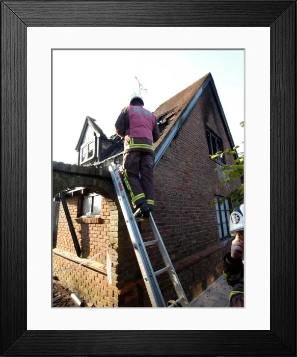 Framed Print : Firefighters working at scene of domestic fire, Harrow Framed Print : Firefighters working at scene of domestic fire, Harrow