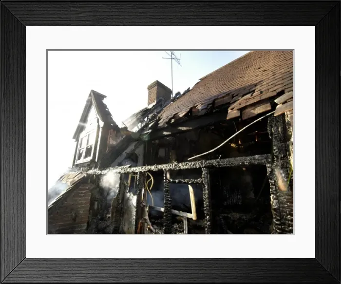 Framed Print : Firefighters working at scene of domestic fire, Harrow Framed Print : Firefighters working at scene of domestic fire, Harrow