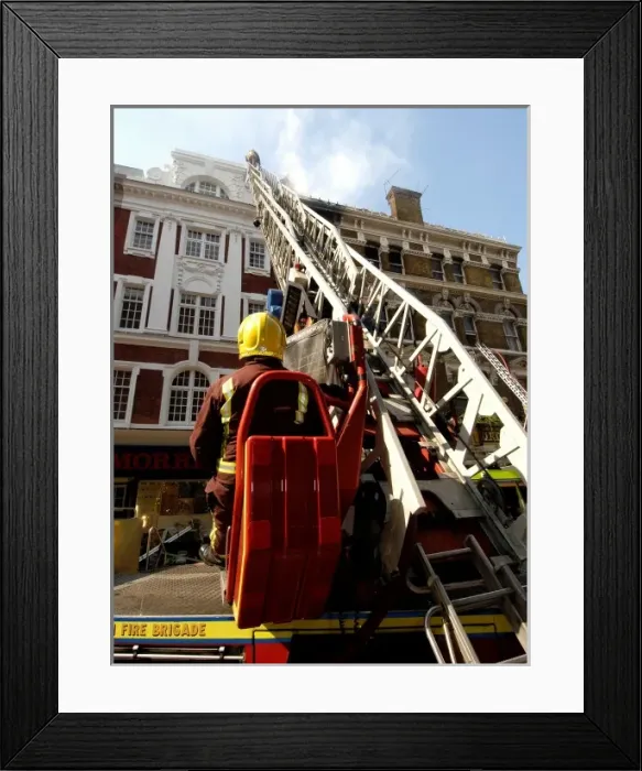 Framed Print : Firefighters using turntable ladder Framed Print : Firefighters using turntable ladder