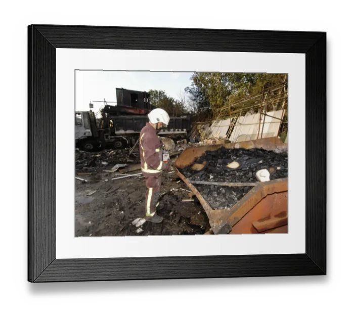 Framed Print : Firefighters at the scene of an industrial fire Framed Print : Firefighters at the scene of an industrial fire