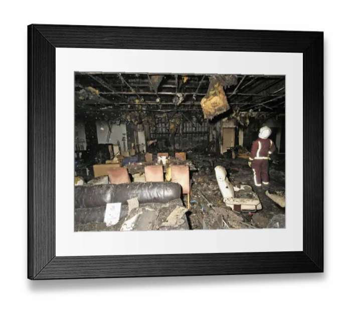 Framed Print : Firefighters at the scene of a fire in a furniture shop Framed Print : Firefighters at the scene of a fire in a furniture shop