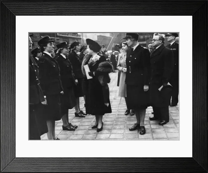 Framed Print : Queen Elizabeth reviews firewomen at Lambeth, WW2 Framed Print : Queen Elizabeth reviews firewomen at Lambeth, WW2