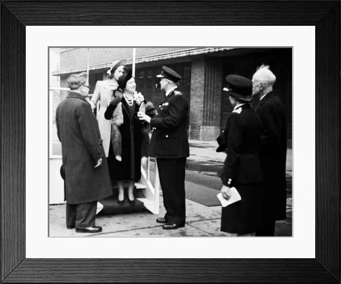 Framed Print : Queen Elizabeth reviews firewomen at Lambeth HQ, WW2 Framed Print : Queen Elizabeth reviews firewomen at Lambeth HQ, WW2