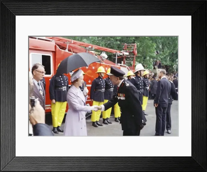 Framed Print : Queen Elizabeth II inspecting firefighters, London Framed Print : Queen Elizabeth II inspecting firefighters, London