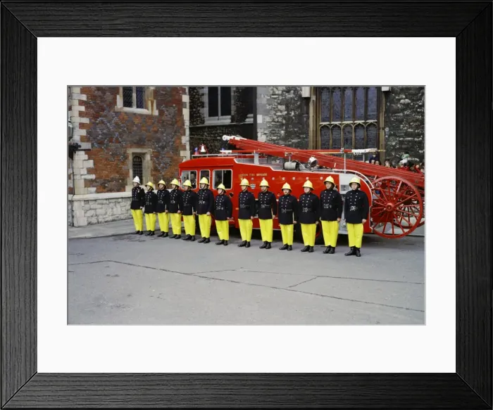 Framed Print : Firefighters on parade in front of their appliance Framed Print : Firefighters on parade in front of their appliance