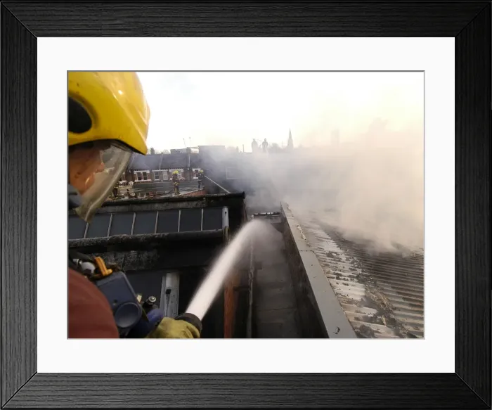 Framed Print : Firefighters at scene of commercial premises fire Framed Print : Firefighters at scene of commercial premises fire