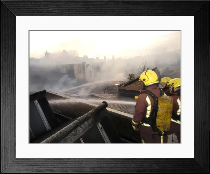 Framed Print : Firefighters at scene of commercial premises fire Framed Print : Firefighters at scene of commercial premises fire