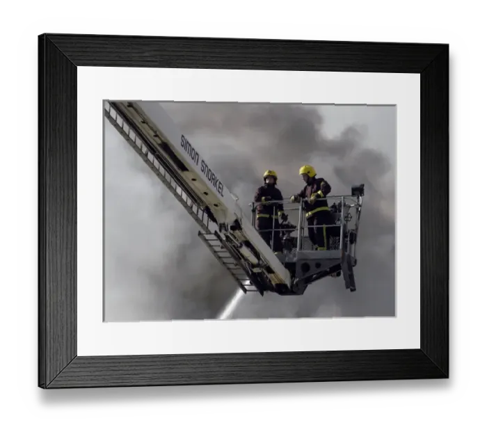 Framed Print : A hydraulic lift in action at scene of fire, Penge Framed Print : A hydraulic lift in action at scene of fire, Penge