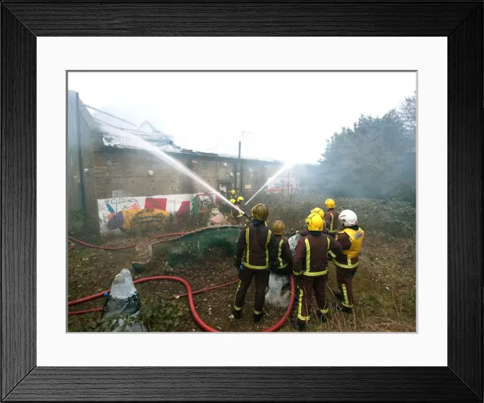 Framed Print : Firefighters at the scene of a warehouse fire, SE London Framed Print : Firefighters at the scene of a warehouse fire, SE London