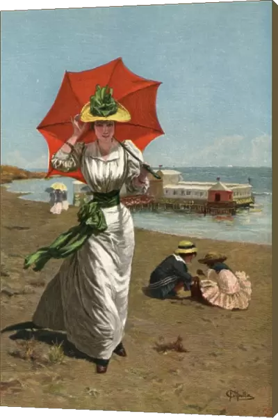 Lady on Beach 1894. By the Sea: an elegant lady goes for a walk along the