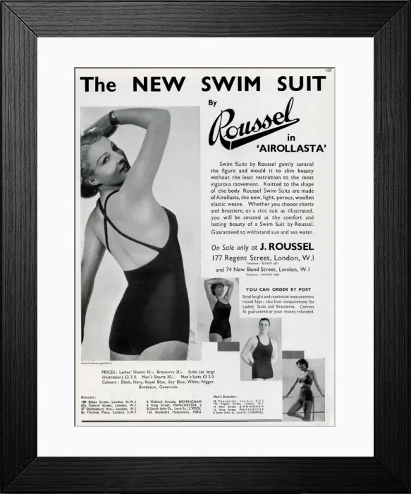 Framed Print : Advert for J. Roussel swim suits for men & women 1935 Framed Print : Advert for J. Roussel swim suits for men & women 1935