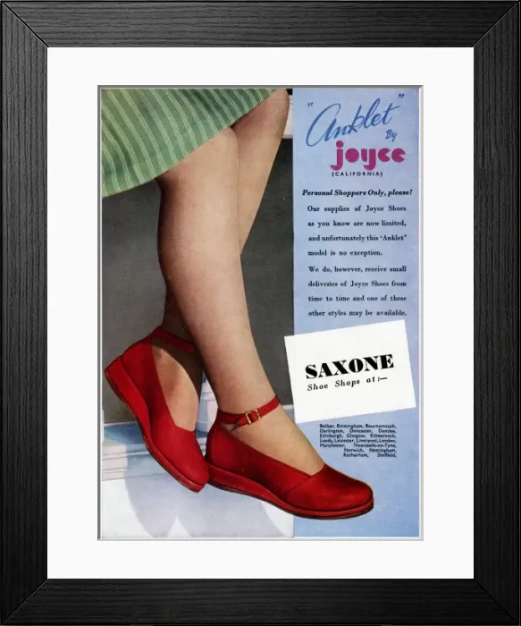 Framed Print : Advert for Anklet by Joyce California shoes 1945 Framed Print : Advert for Anklet by Joyce California shoes 1945